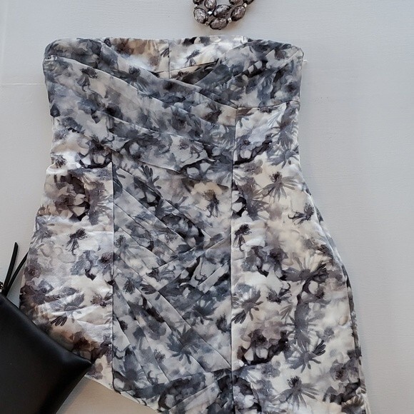 NWT CYNTHIA STEFFE GRAY CREAM STRAPLESS SHEATH DRESS FLORAL CHIFFON SATIN SIZE 8 - Picture 13 of 16